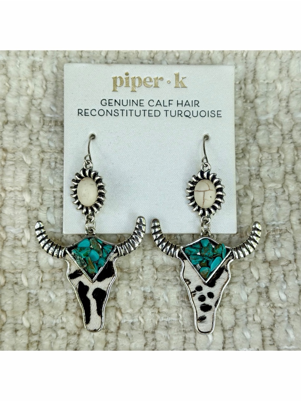Piper K Calf Hair Steer Head Drop Earrings Western Longhorn Turquoise Silver NWT
